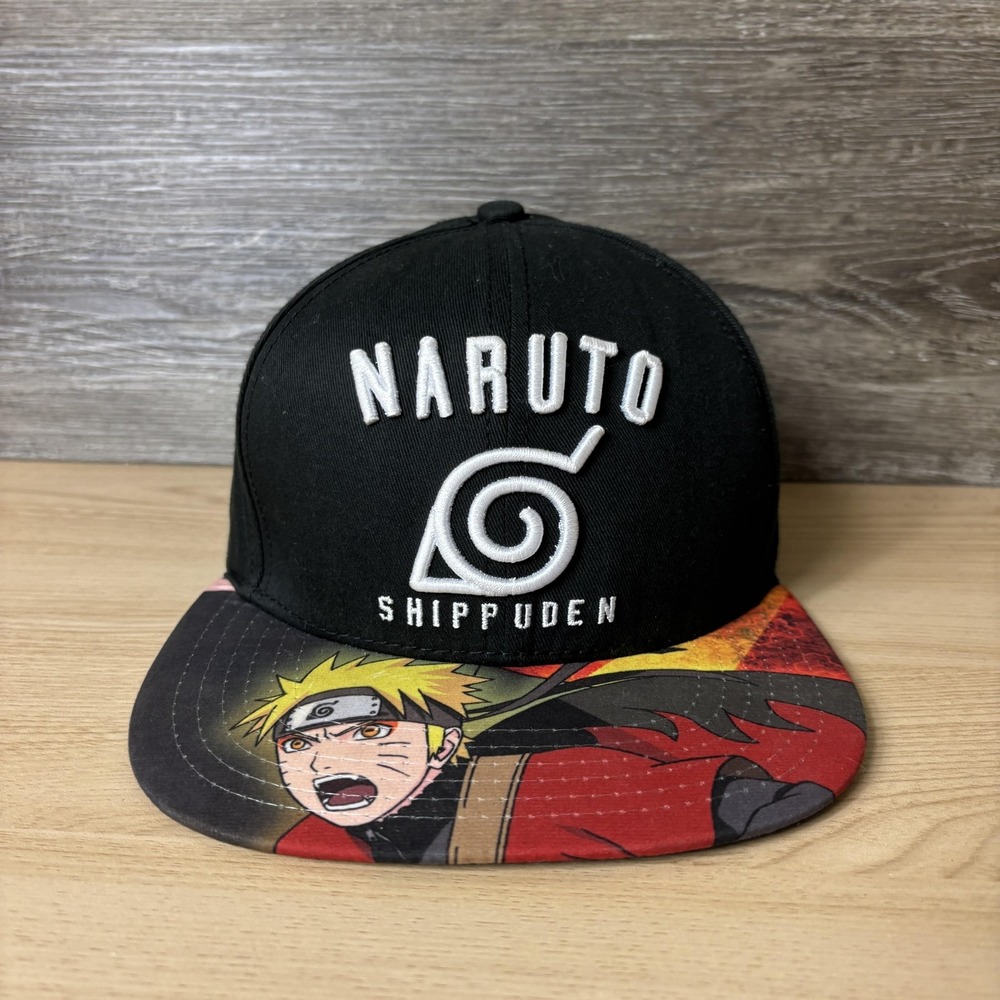 Naruto Shippuden Hat Cap Snap Back Black Flat Brim Embroidered Anime Manga Mens